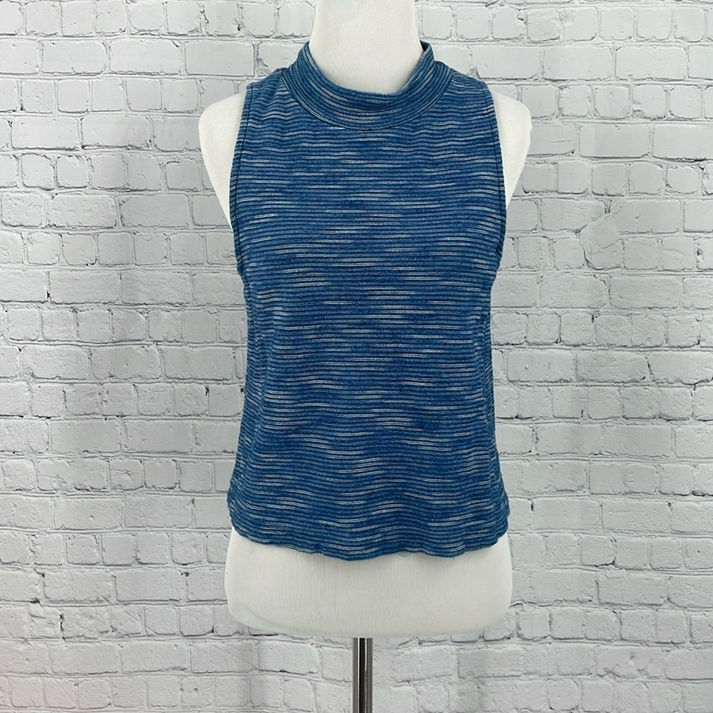 Anthropologie Postmark Mock Neck Cropped Blue Patterned 100% Cotton Tank Top S
